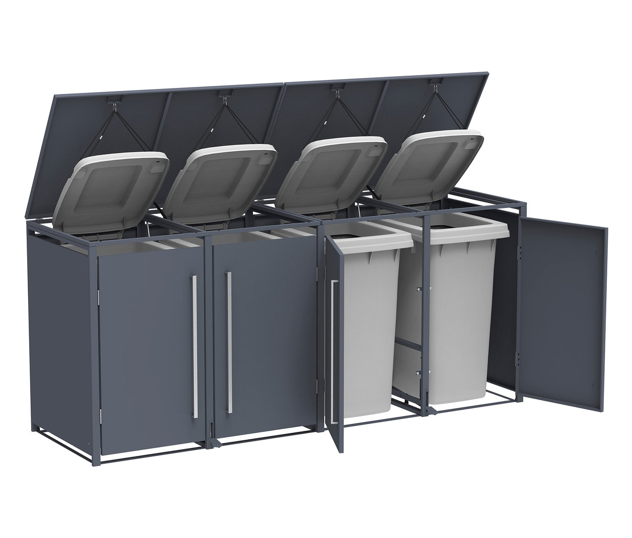Mülltrennsystem mit vier Behältern in grauem Metallrahmen, einige Deckel und Türen sind geöffnet.