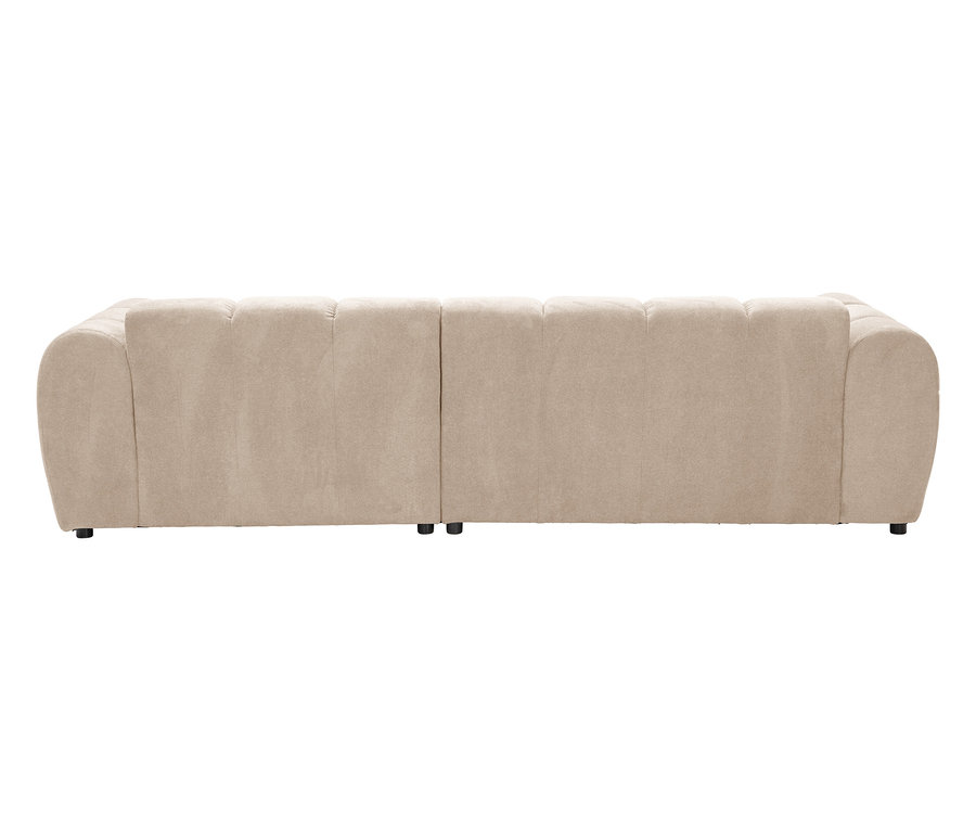 Rückansicht eines beigen Sofas mit schwarzen Füßen.