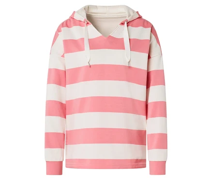Gestreifter Hoodie in Pink und Weiß mit Kapuze und langen Ärmeln.