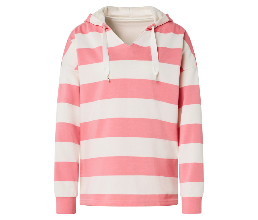 Gestreifter Hoodie in Pink und Weiß mit Kapuze und langen Ärmeln.