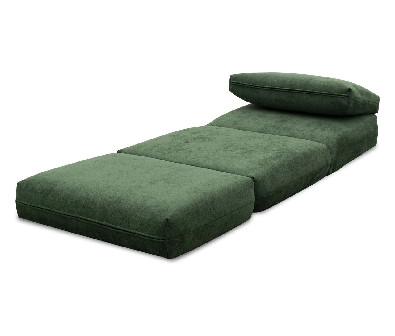 Ein grünes modulares Sofa mit einem Kissen liegt auf dem Boden.