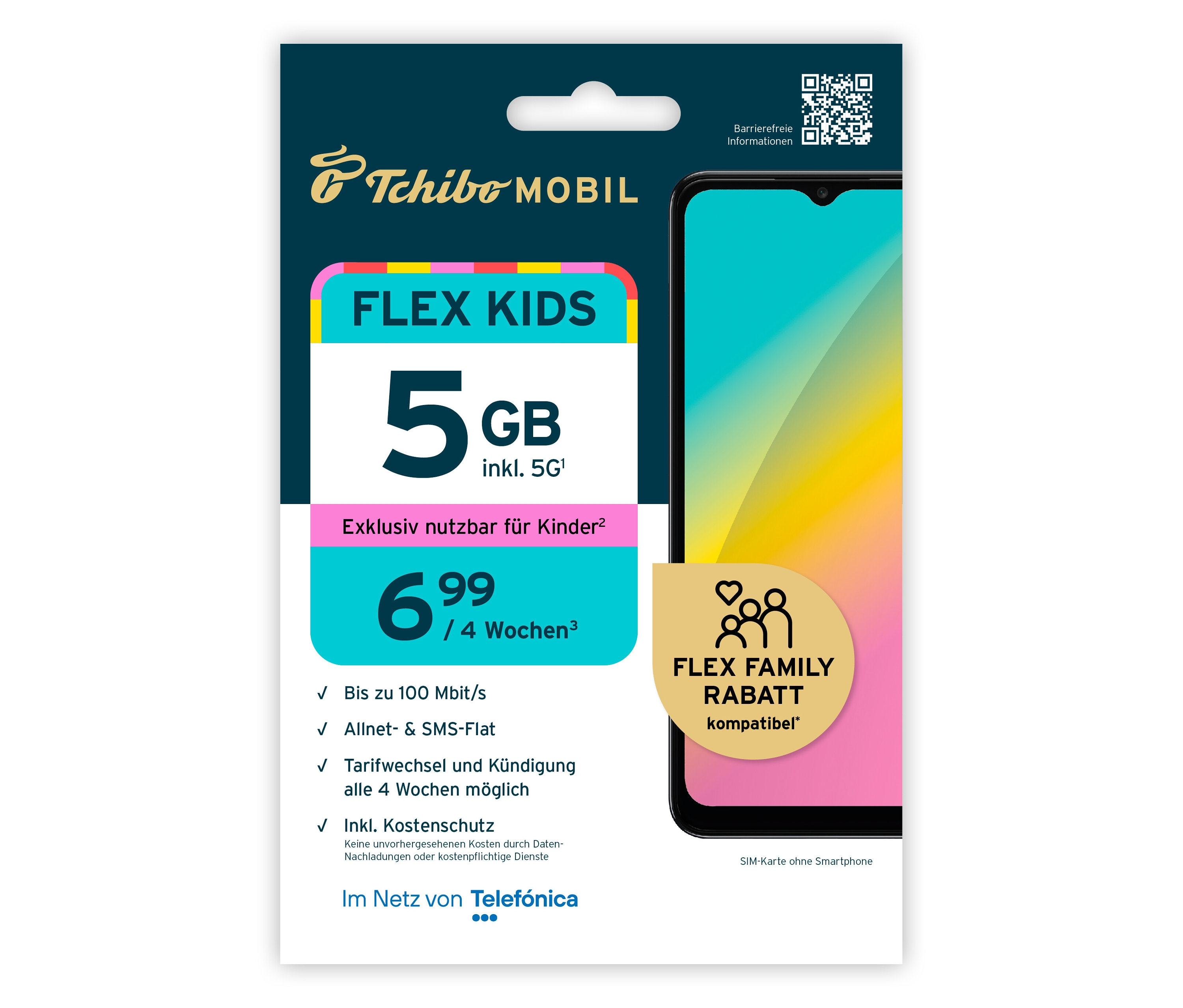 Tchibo Mobil Flex Kids-Tarif mit 5 GB für 6,99 € pro 4 Wochen neben einem Smartphone abgebildet.