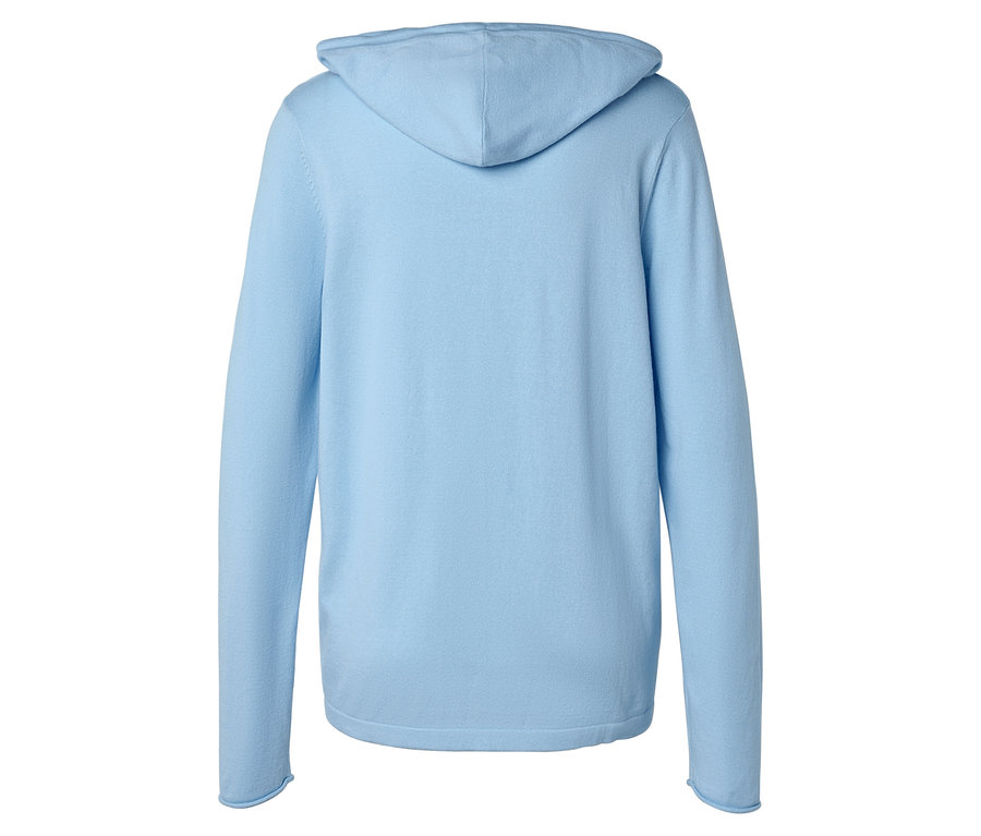 Rückansicht eines hellblauen Kapuzenpullovers.