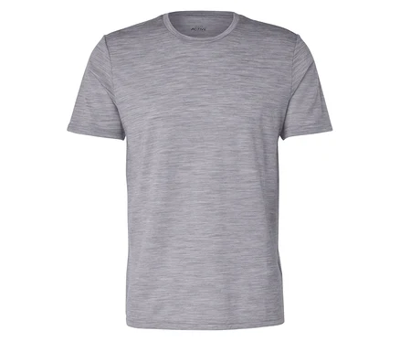 Graues meliertes T-Shirt mit kurzen Ärmeln.