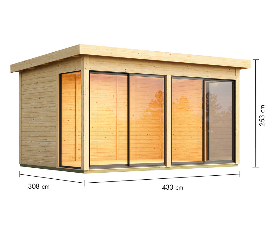 Außenansicht des Karibu Modernen Gartenhauses mit Schiebetür »Noelia 5«, 38 mm, mit Größenangaben.