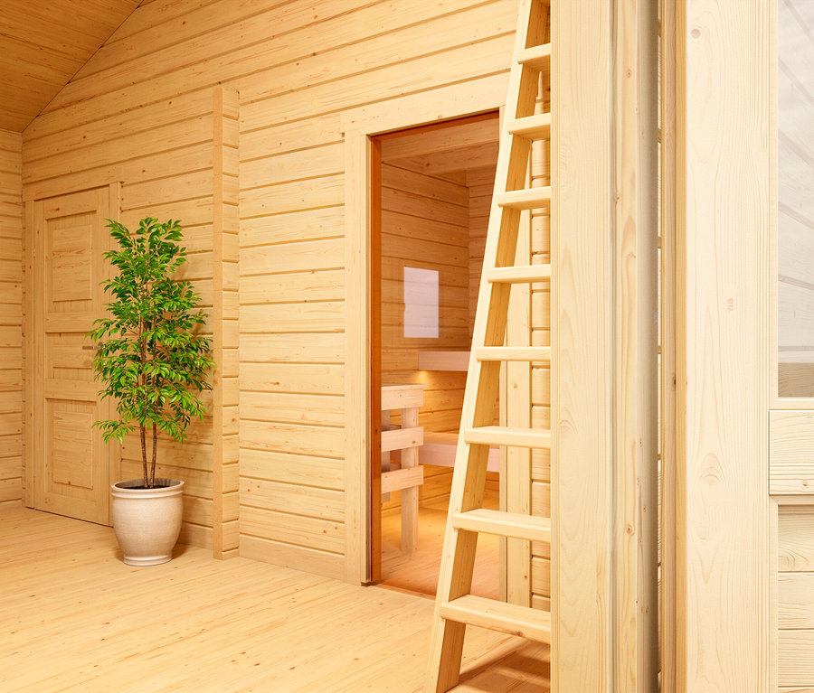 Holzsauna-Interieur mit Leiter und Pflanze im Topf.
