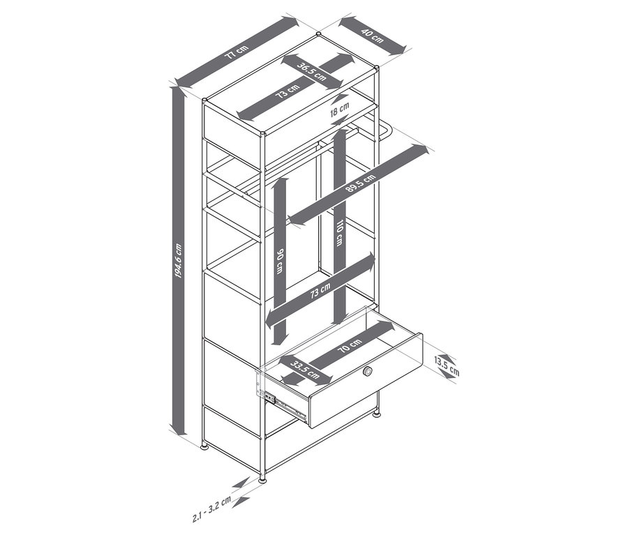 Draufsicht einer Garderobe Metall »CN3« mit Kleiderstange und 3 Schubladen mit Maßangaben.