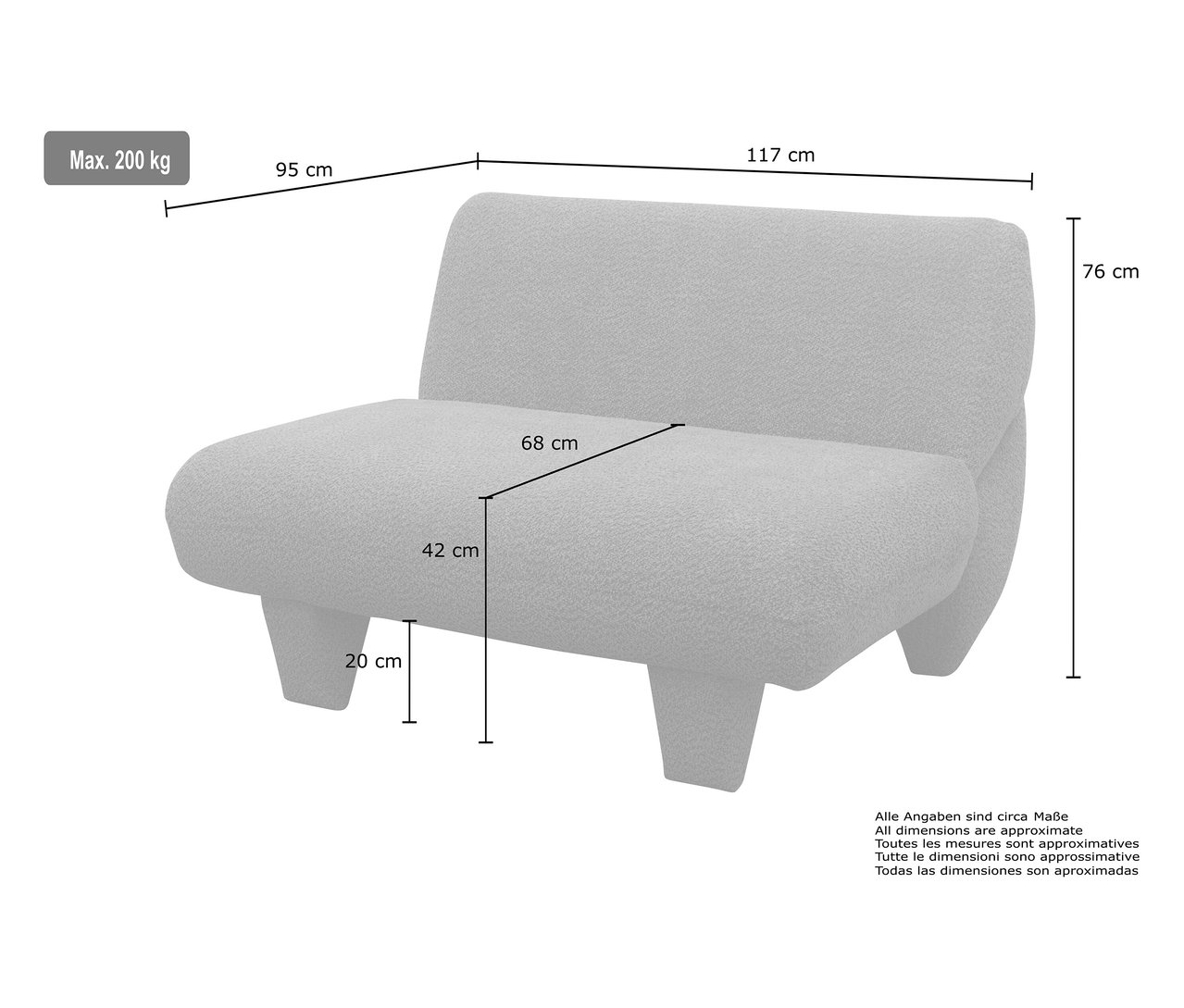 Skizze eines grauen Domo Sofa »Alicante« mit Maßangaben.