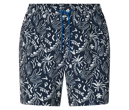 Nahaufnahme von Badeshorts mit blauem Kordelzug und weißem Pflanzenmuster.