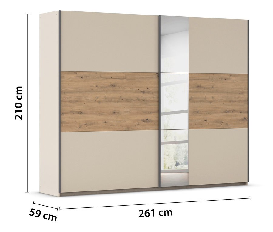 Beiger Kleiderschrank mit Holzdetails und Spiegel, Abmessungen 210 cm Höhe, 261 cm Breite und 59 cm Tiefe.