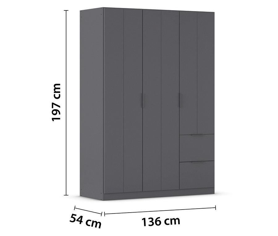 Grauer Kleiderschrank mit vier Türen und zwei Schubladen, Maße 197 cm hoch, 136 cm breit und 54 cm tief.