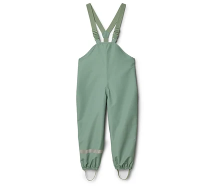 Hellgrüne Regenhose mit Hosenträgern und reflektierenden Streifen an den Beinen.