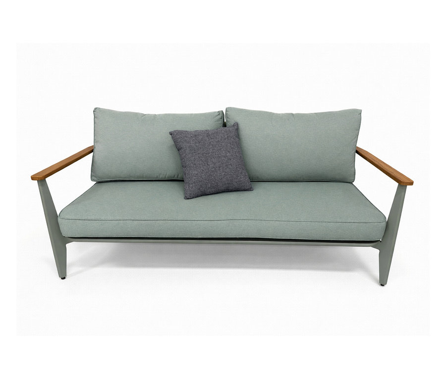 Leco Lounge-Set inkl. Tisch mit grauen Polstern und einem grauen Kissen auf einem weißen Hintergrund.