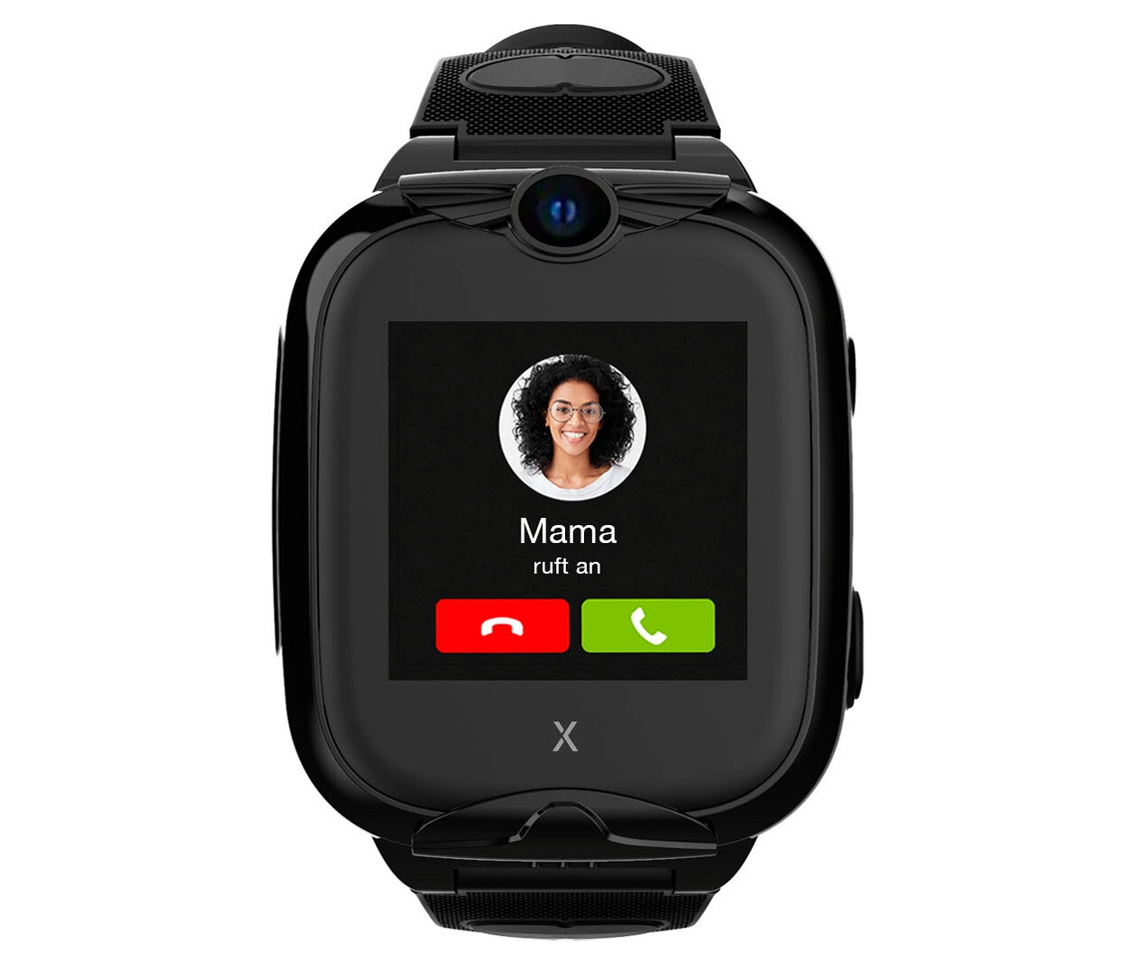 Nahaufnahme der schwarzen Kids Watch Xplora XGO2 mit der Aufschrift "Mama ruft an".
