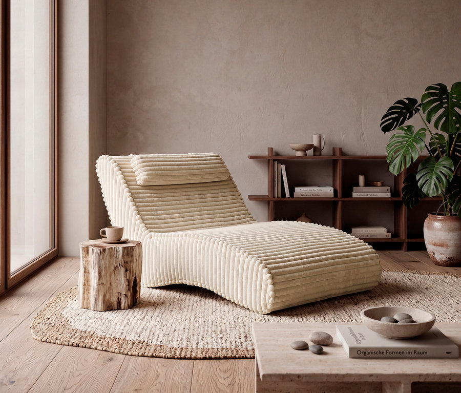 Ein cremefarbenes, geripptes Chaiselongue steht auf einem runden, gewebten Teppich in einem minimalistischen Wohnzimmer. Daneben befindet sich ein Beistelltisch aus einem Holzstamm mit einer Tasse. Im Hintergrund stehen ein Holzregal mit Büchern und Dekoration sowie eine große Topfpflanze (Monstera). Im Vordergrund steht ein rechteckiger Couchtisch mit einer Schale voller Steine und einem Buch.