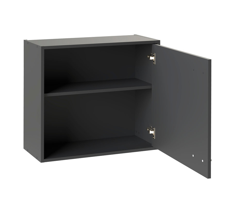 Dunkelgrauer Hängeschrank mit einer geöffneten Tür, der ein einzelnes Regal im Inneren zeigt, auf weißem Hintergrund.