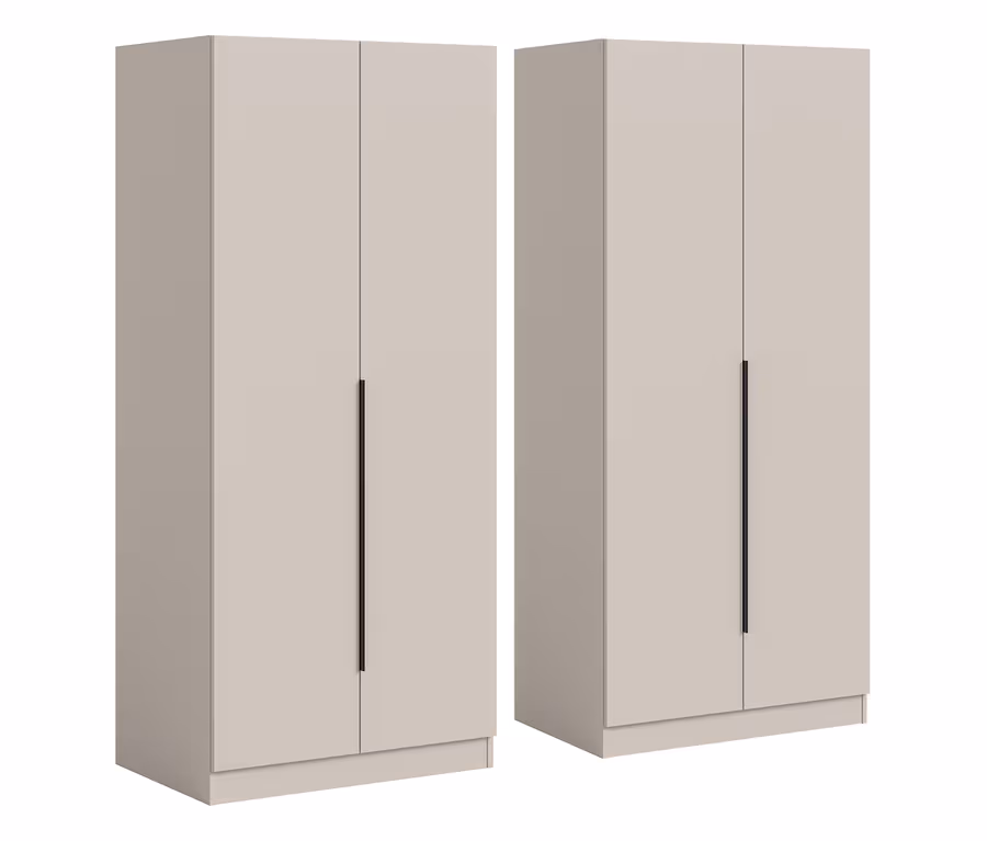 Zwei hellbeige xonox Nordic Kleiderschränke, jeder mit zwei Türen und einem langen schwarzen Griff.