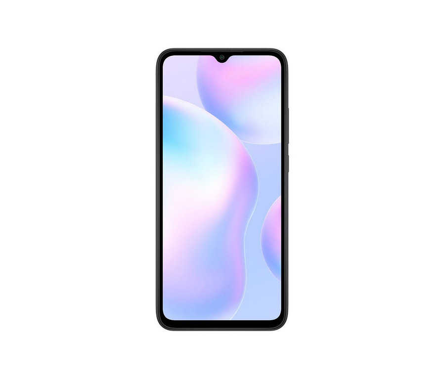 Vorderansicht eines Xiaomi Redmi 9A Mobiltelefons in Granitgrau.