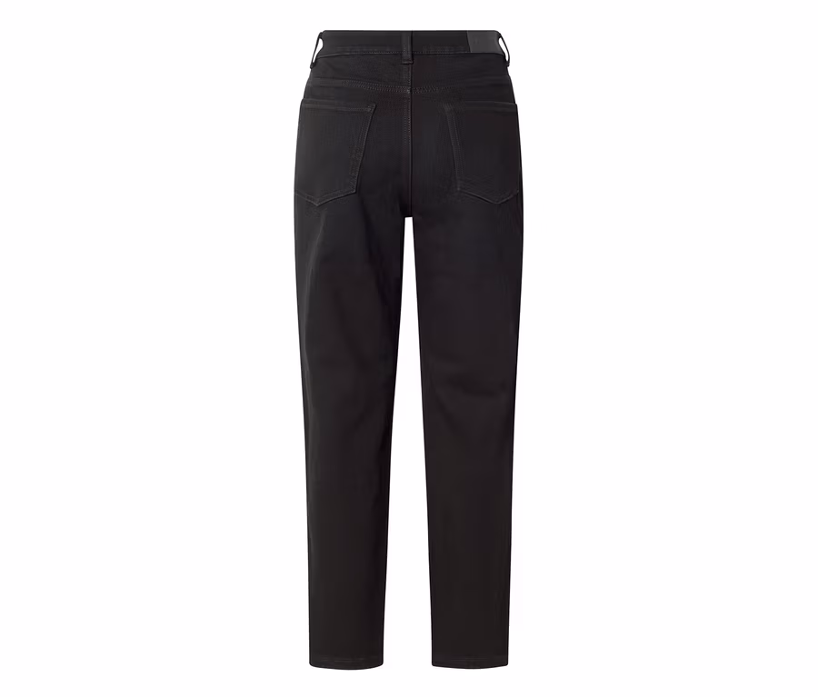 Schwarze Jeans mit geradem Bein, von hinten gesehen, mit zwei aufgesetzten Gesäßtaschen und hohem Bund.