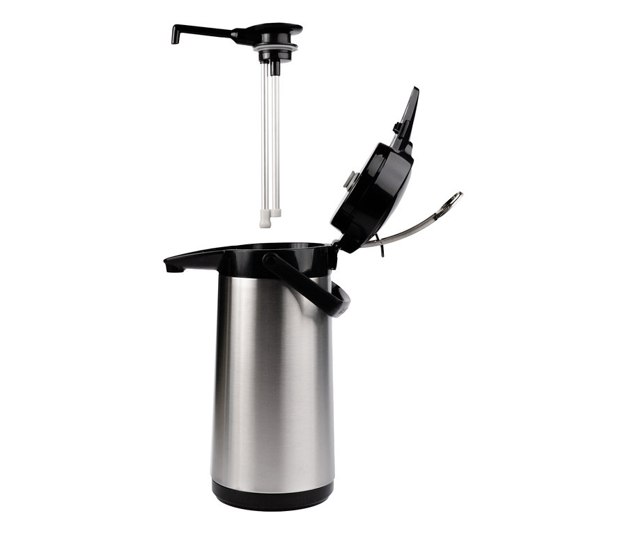 Silberne Pumpthermoskanne »Bonamat«, 2,2 l mit schwarzen Plastikelementen und abnehmbarem Oberteil.