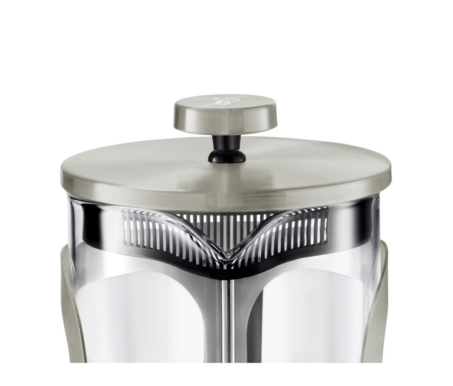 Detail einer silbernen Siebstempelkanne 800 ml für 6 Tassen.