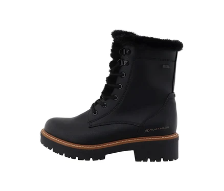Schwarzer Tom Tailor Schnürstiefel mit Kunstfellbesatz am Knöchel und einer dicken Profilsohle mit braunem Streifen.