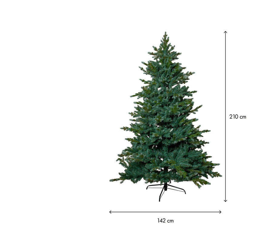 Grüner künstlicher Weihnachtsbaum mit schwarzem Ständer, 210 cm hoch und 142 cm breit, vor weißem Hintergrund.