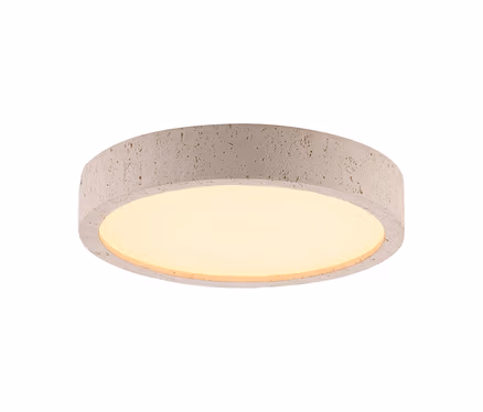 Runde Deckenleuchte mit einem hellen, strukturierten Rand in Betonoptik und warmweißem Licht.