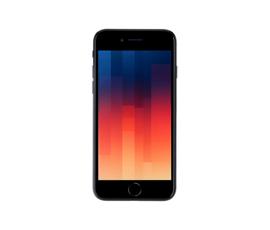 Schwarzes Mobiltelefon mit farbigem Bildschirm. Auf dem Display ist ein farbiges Muster zu sehen. Das Produkt ist ein Apple iPhone SE 2022 128 GB in Schwarz.
