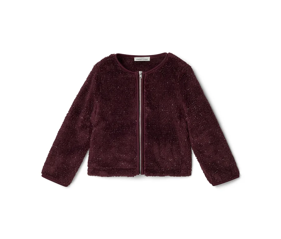 Burgunderfarbene flauschige Kinderjacke mit silbernen Sprenkeln und durchgehendem silbernem Reißverschluss.