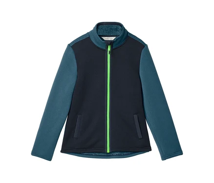 Dunkelblaue Fleecejacke mit petrolfarbenen Ärmeln und neongrünem Reißverschluss, Stehkragen und zwei Taschen.