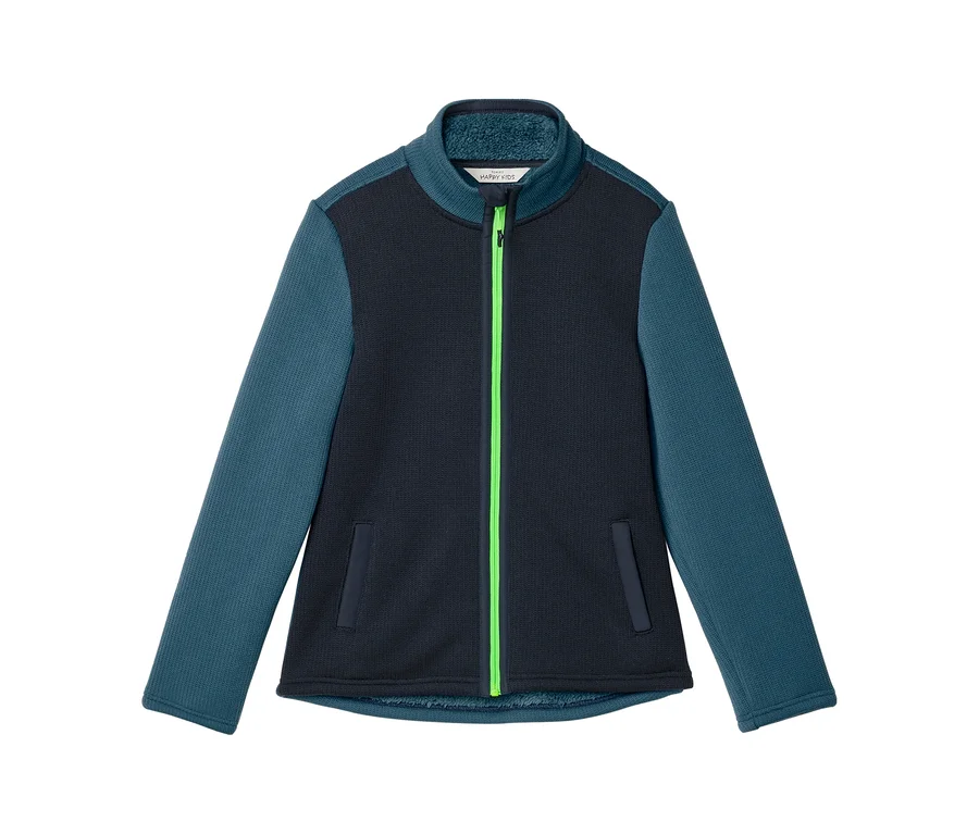 Dunkelblaue Fleecejacke mit petrolfarbenen Ärmeln und neongrünem Reißverschluss, Stehkragen und zwei Taschen.