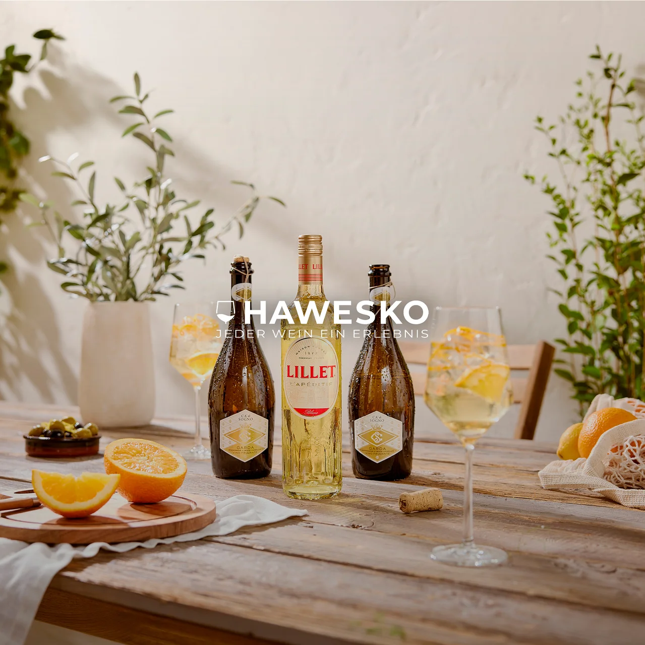 Drei kalte Flaschen, eine Lillet und zwei Garda-Schaumweine, stehen auf einem rustikalen Holztisch. Daneben sind zwei Gläser mit Aperitifs, Eis und Orangenscheiben, sowie geschnittene Orangen, grüne Oliven und ganze Zitrusfrüchte. Grüne Pflanzen befinden sich im Hintergrund.
