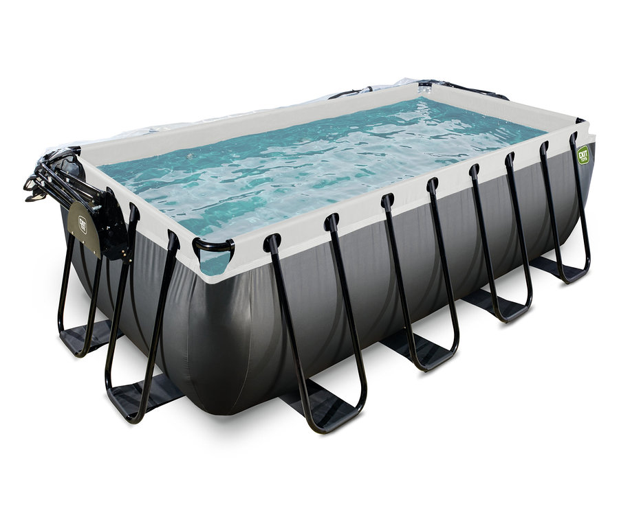 Rechteckiger EXIT Pool-Set in Lederoptik, 400 x 200 cm, gefüllt mit Wasser, auf weißem Hintergrund.