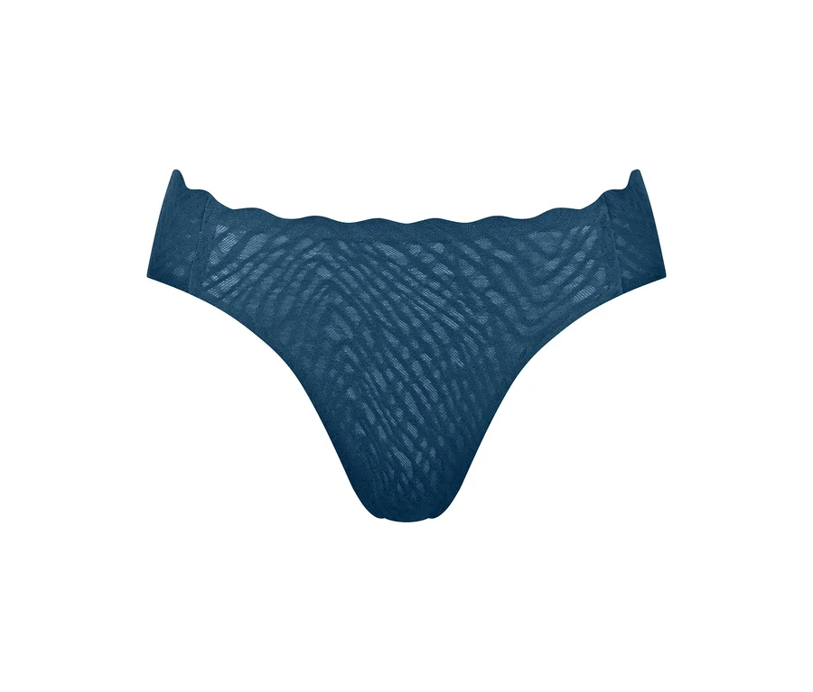 Dunkelblauer, transparenter Stringtanga aus gemustertem Netzstoff mit gewelltem Bund.