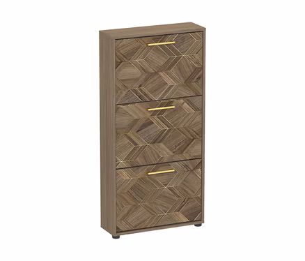 Hoher, schmaler Schuhschrank »Glenn« in Holzoptik mit geometrischem Muster und goldenen Linien, 3 Klappen mit goldenen Griffen.