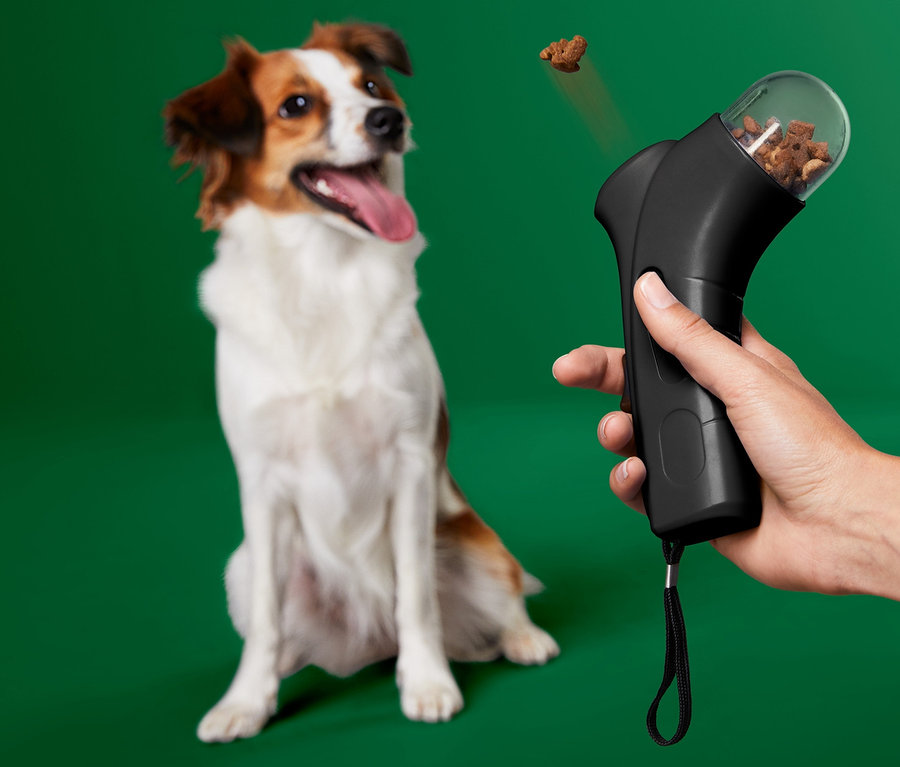 Hand hält Haustier-Snackdispenser und wirft Leckerli zu Hund.