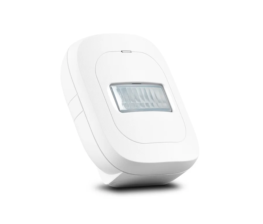 Ein weißer Bewegungsmelder vor einem weißen Hintergrund. MEDION® Smart Home Bewegungsmelder »P85807« ist sichtbar.
