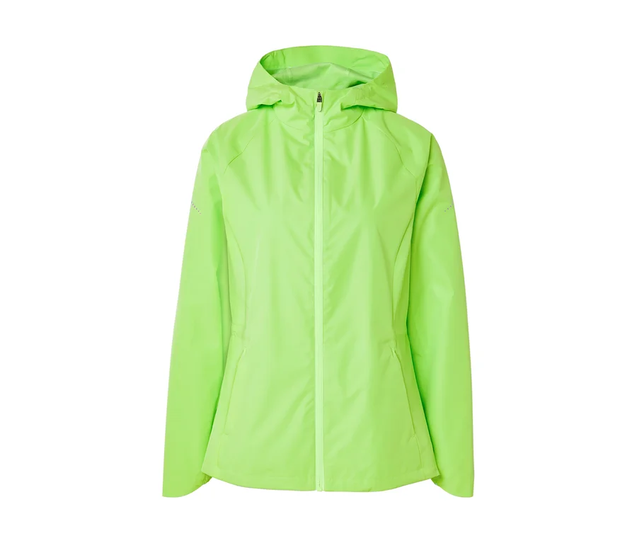 Eine neongrüne, gefütterte Jacke mit Kapuze ist mit einem Reißverschluss geschlossen.