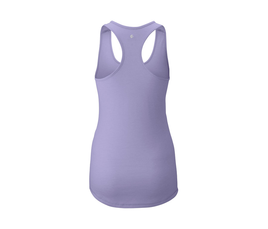 Detailansicht von hinten eines lila 2-in-1-Sporttops.
