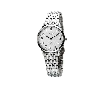 Nahaufnahme der weißen Kienzle »Lady Elegance« Uhr mit silbernem Gliederarmband.