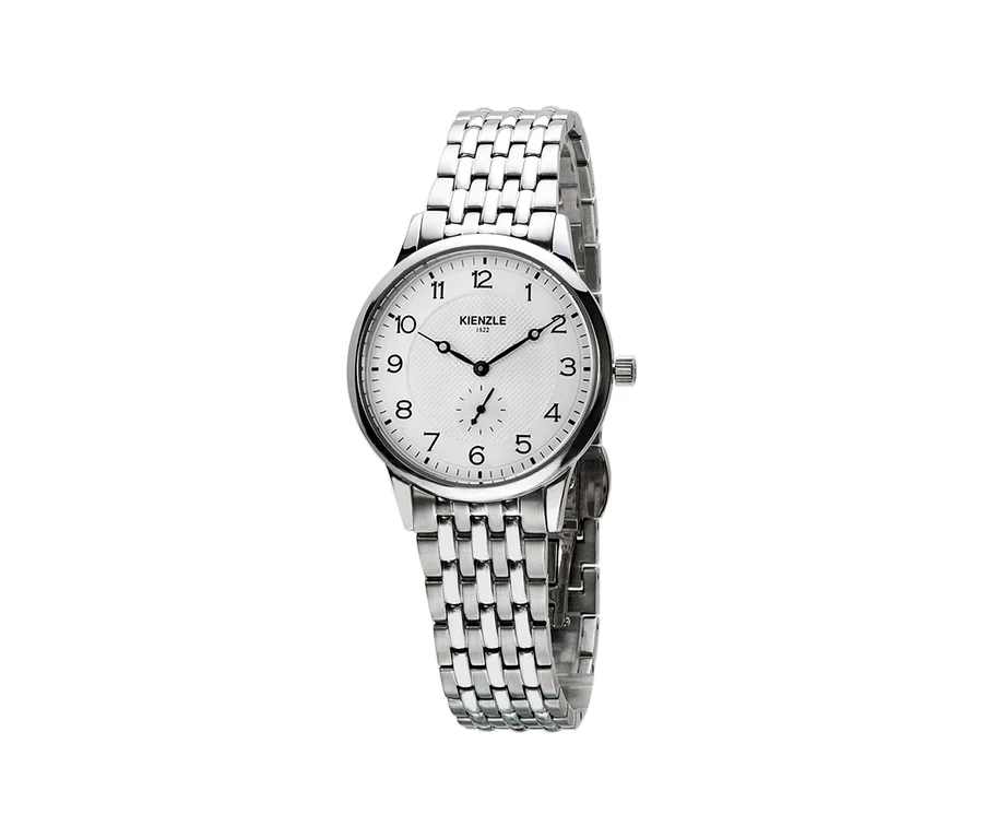 Nahaufnahme der weißen Kienzle »Lady Elegance« Uhr mit silbernem Gliederarmband.
