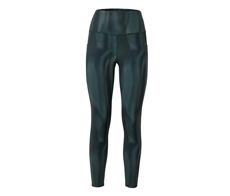Dunkelgrüne Leggings mit horizontalem Streifenmuster und hoher Taille, vor einem weißen Hintergrund.