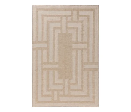 Rechteckiger beiger benuta In-und-Outdoor-Teppich »Bronco« mit hellem geometrischem Labyrinthmuster.