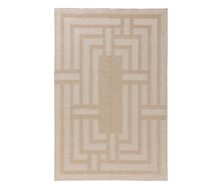 Rechteckiger beiger benuta In-und-Outdoor-Teppich »Bronco« mit hellem geometrischem Labyrinthmuster.