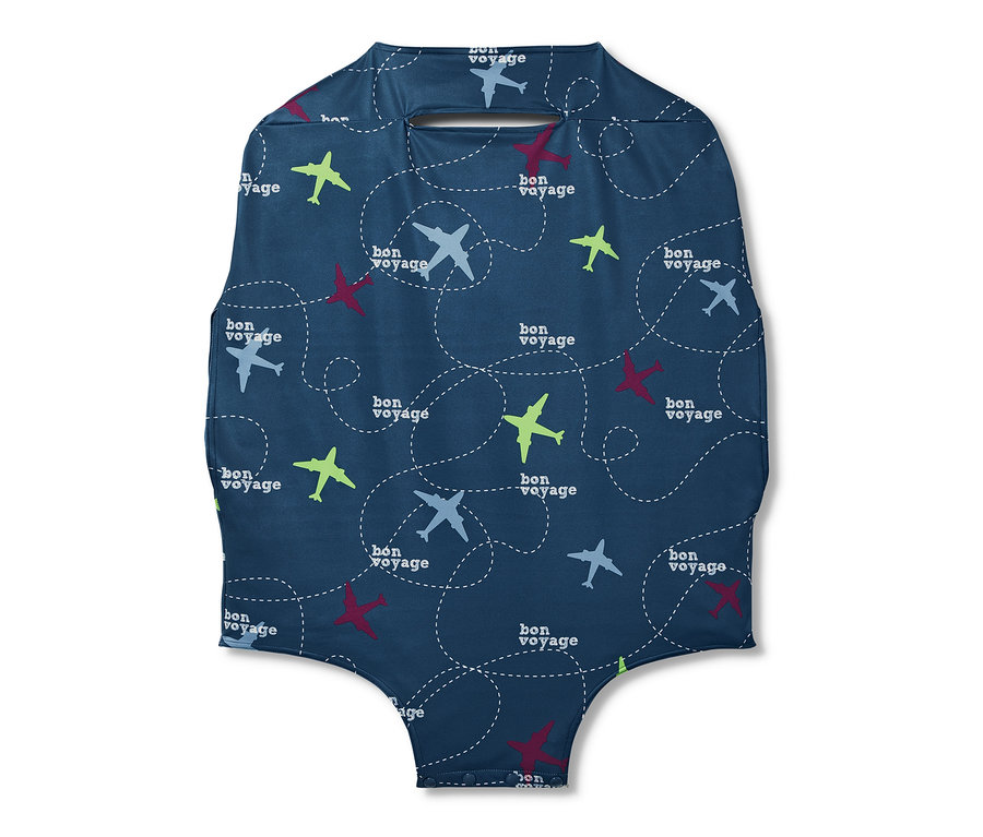 Koffer-Schutzhülle mit Flugzeugmuster und 'bon voyage' Schriftzug.