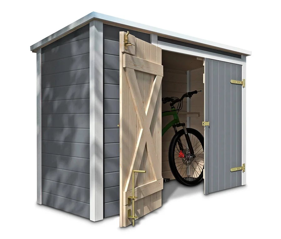 Grau-weiße WEKA-Fahrrad- und Multibox mit halb geöffneter Holztür und einem Fahrrad darin.