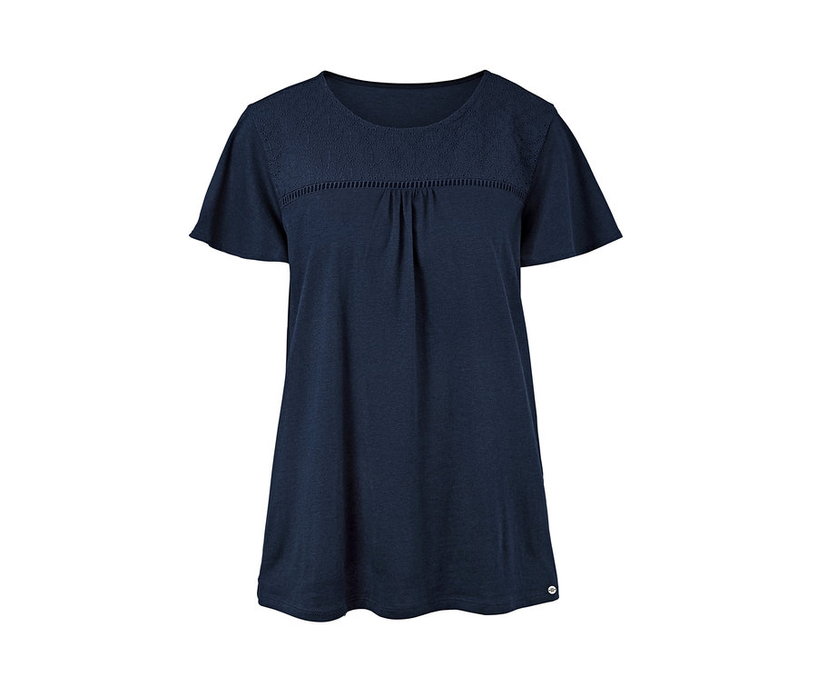 Marineblaues Jerseyshirt mit kurzen Ärmeln und Lochstickerei im Schulterbereich.