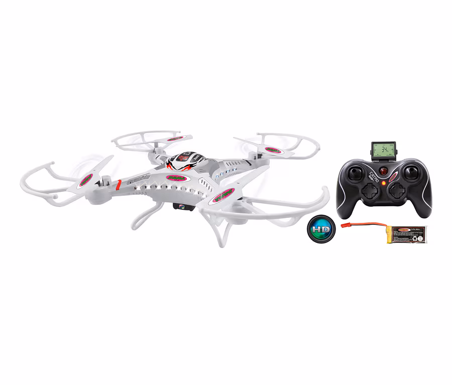 Weißer JAMARA Catro-AHP+-Quadrocopter mit HD-Kamera, Steuerung und Akku auf weißem Hintergrund.