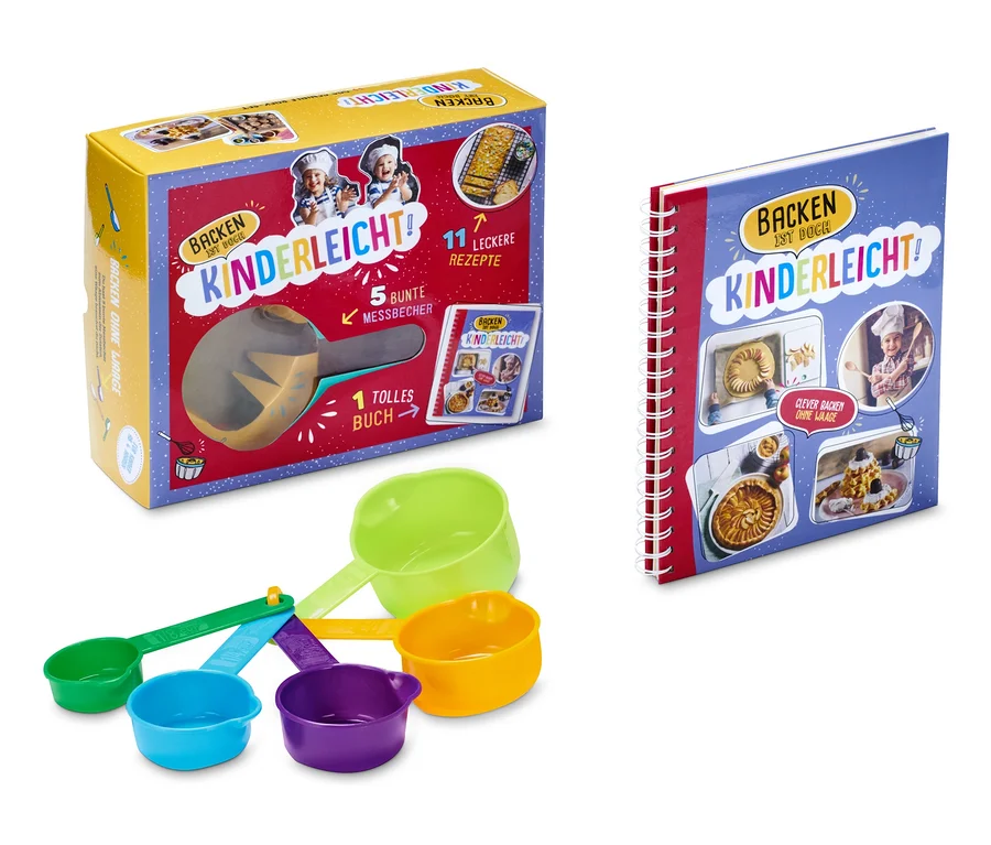 Ein Kinder-Back-Set "Backen ist doch kinderleicht" mit Messbechern und Rezeptbuch.